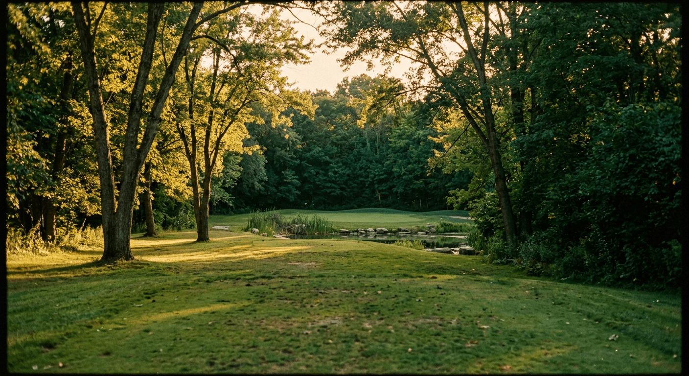 Tight tree-lined 9-hole fairway at Fresh Pond Golf Course in Cambridge, Massachusetts on a clear afternoon