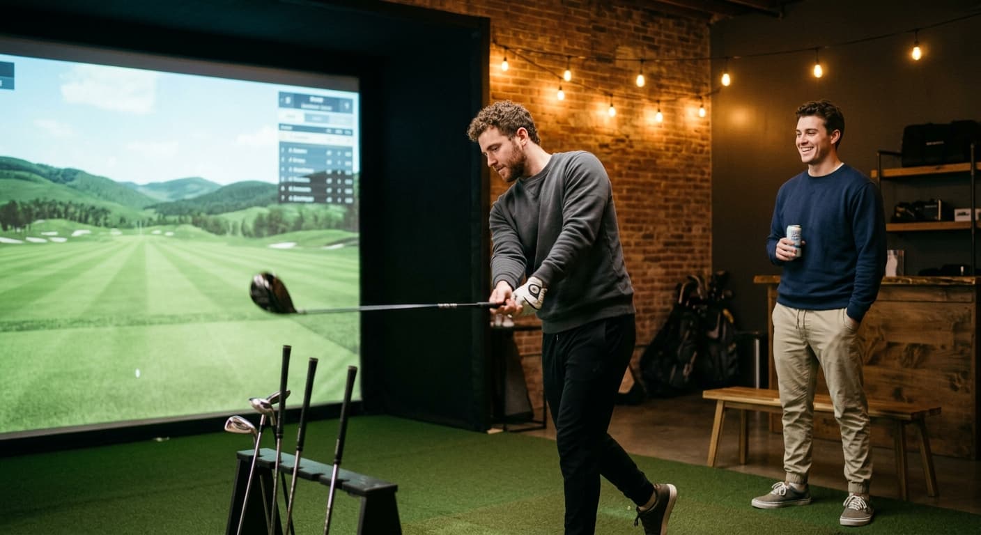 Golfer mid-swing at an indoor Trackman simulator bay, warm amber lighting, parchment-toned walls