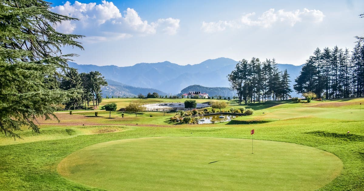 Golf course green with flag, mountains and trees in background