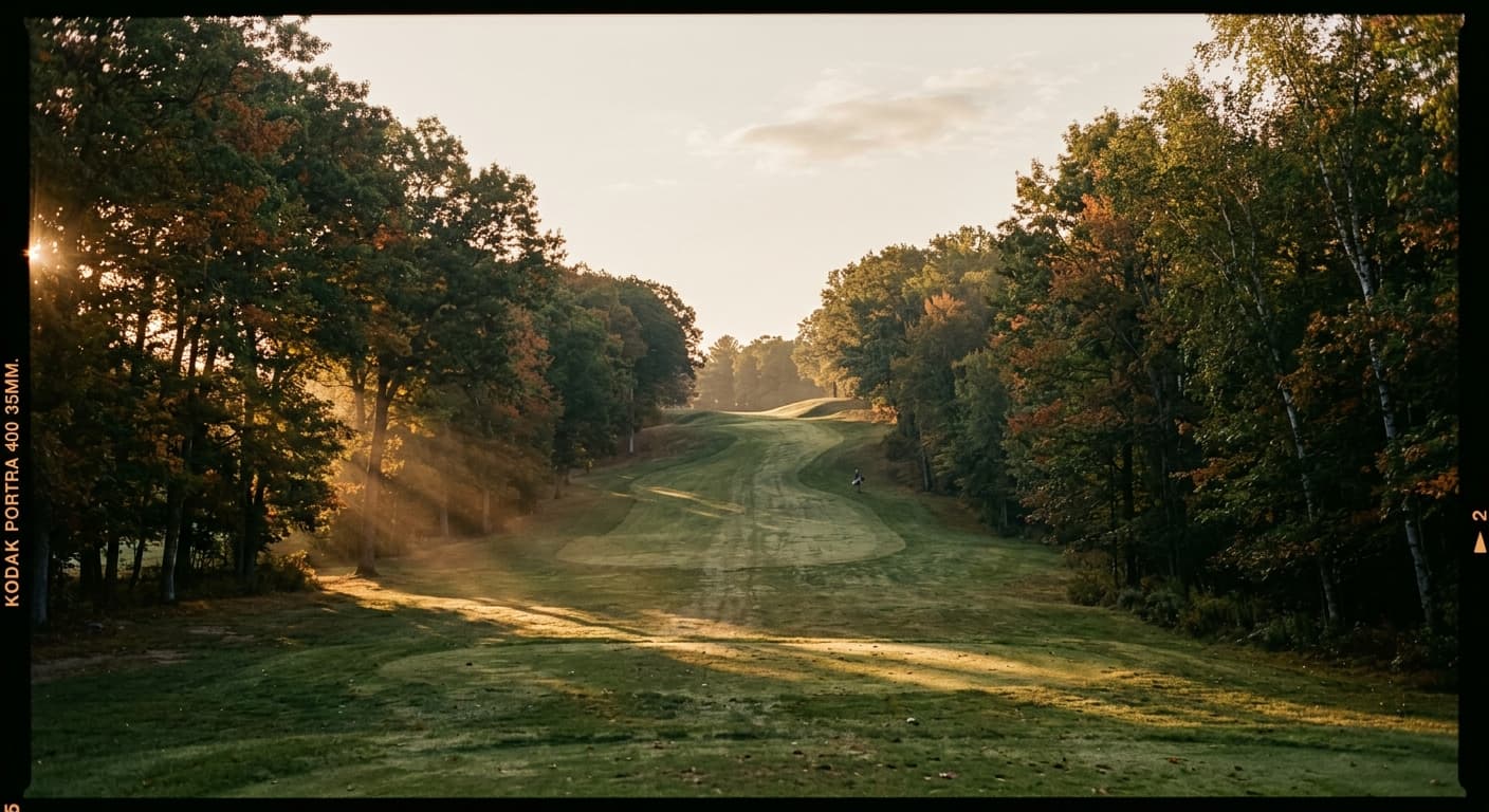 Hilly tree-lined fairway at Newton Commonwealth Golf Course in Newton, Massachusetts on a clear morning