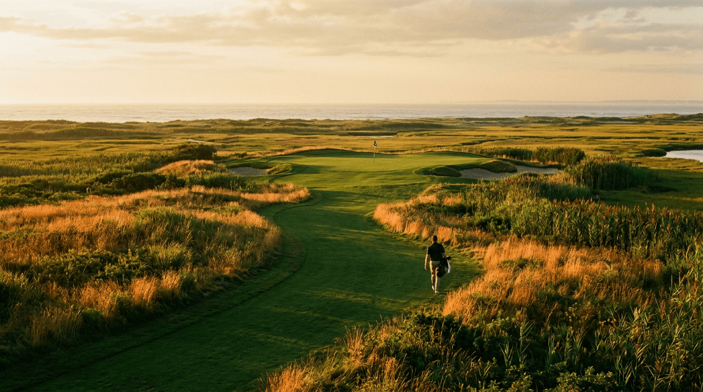 Coastal fairway framed by native marsh grass at Widow's Walk Golf Course in Scituate, Massachusetts at golden hour