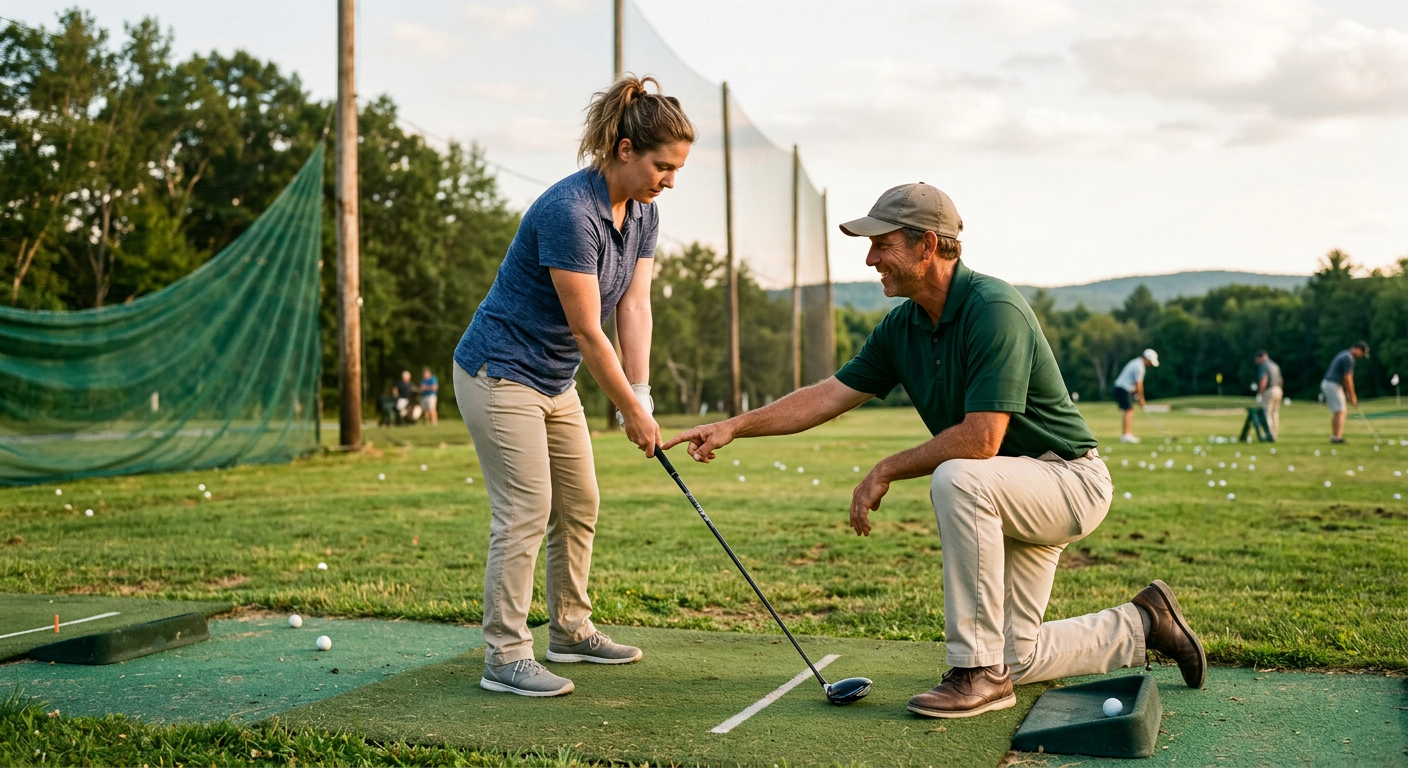 Driving range near Boston with beginners warming up before a round
