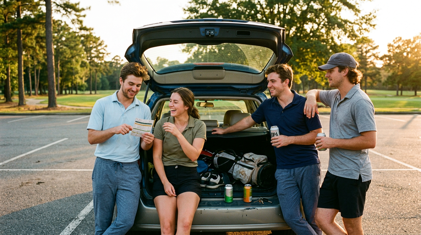 Four golfers laughing at the back of a car after a round at a Boston public golf course