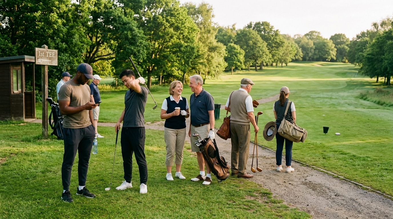 Group of golfers gathered at the first tee on a Saturday morning at a Boston-area public course