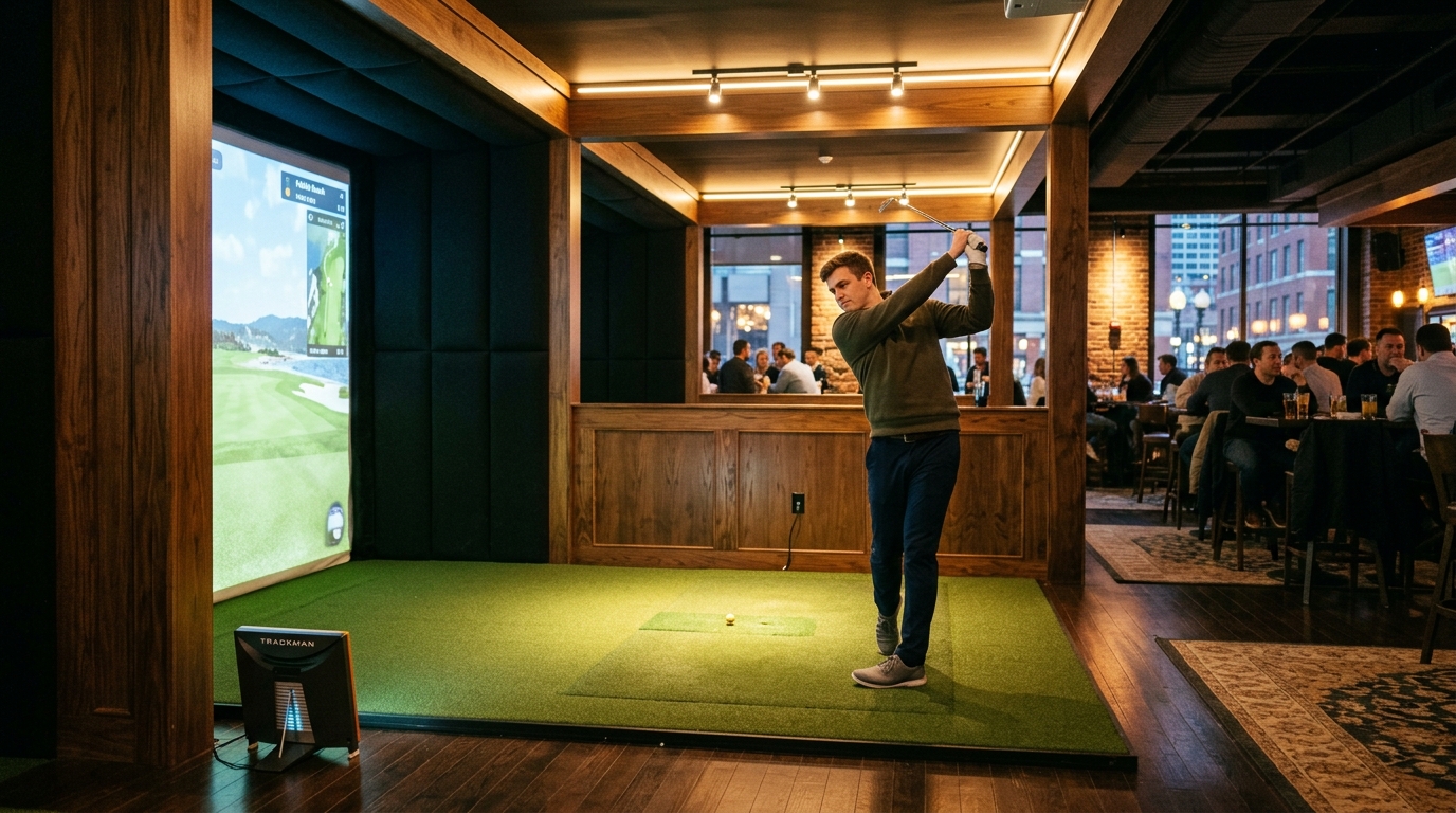 Outdoor driving range with hitting bays and targets at a Greater Boston golf course