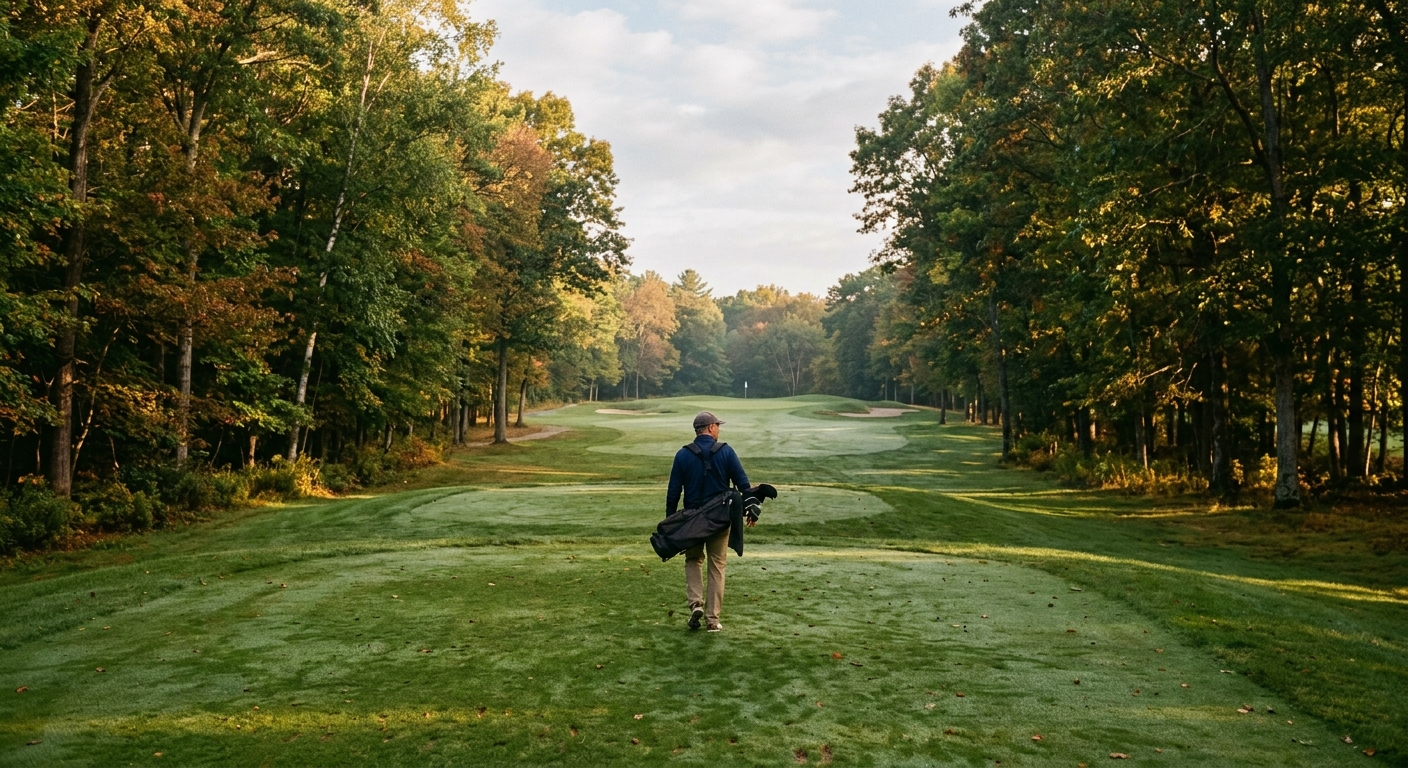 Golfer walking a tree-lined public golf course fairway near Boston, bag over shoulder