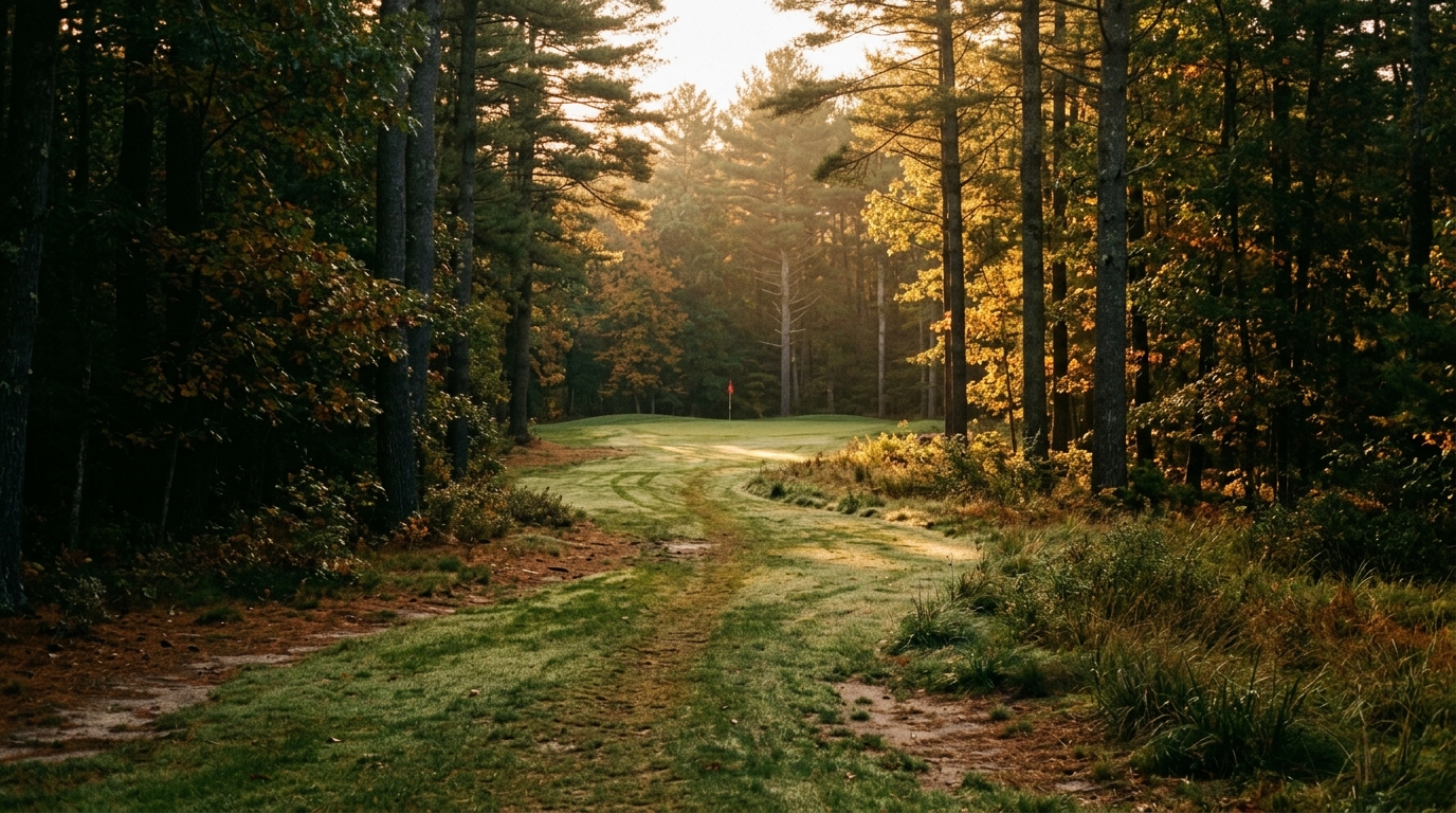 Butter Brook Golf Club fairway winding through white pines in Westford, MA