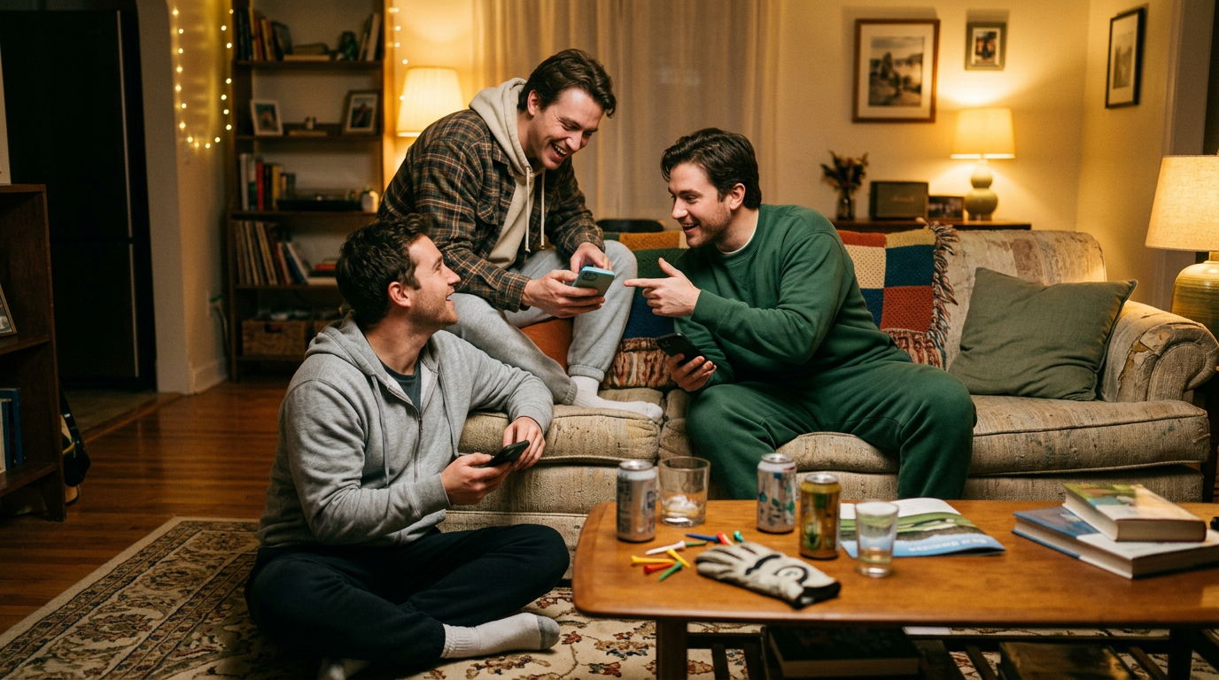 Three friends planning a golf trip together in a living room
