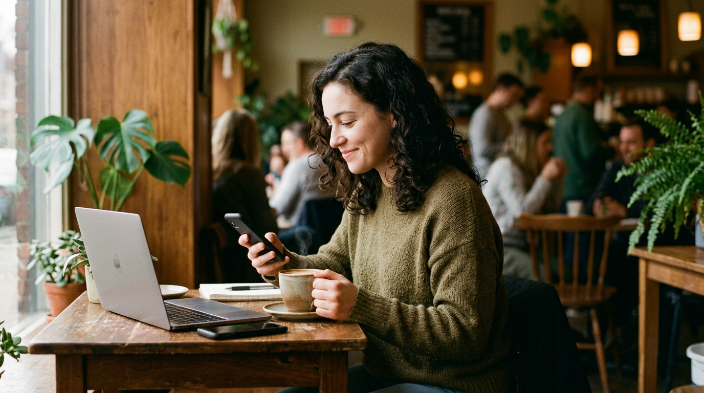 Woman smiling at her phone in a cafe after finding a tee time