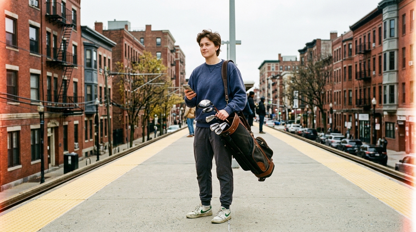 Golfer carrying clubs on a Boston T platform, checking their phone for a tee time