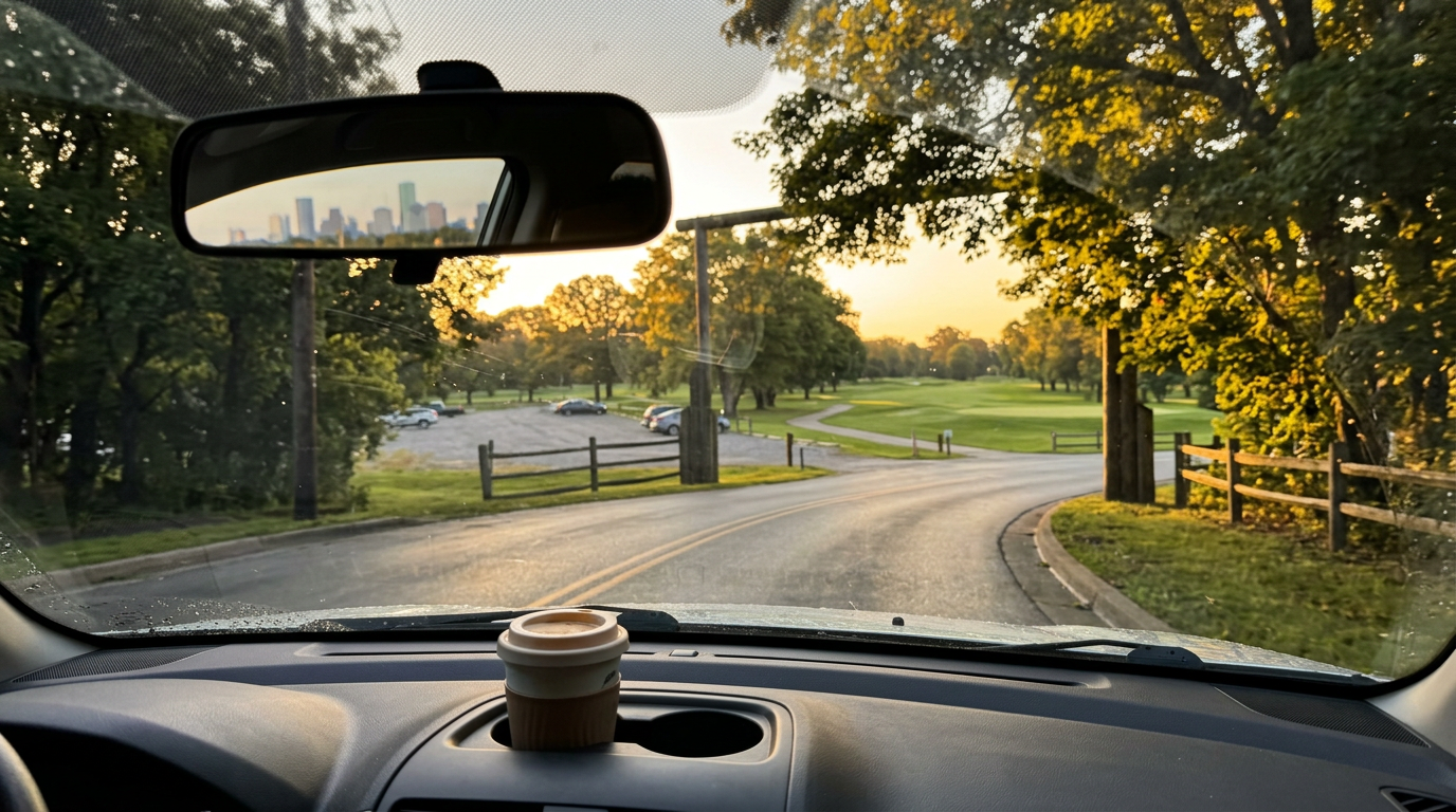 View from a car windshield pulling into a golf course at sunrise