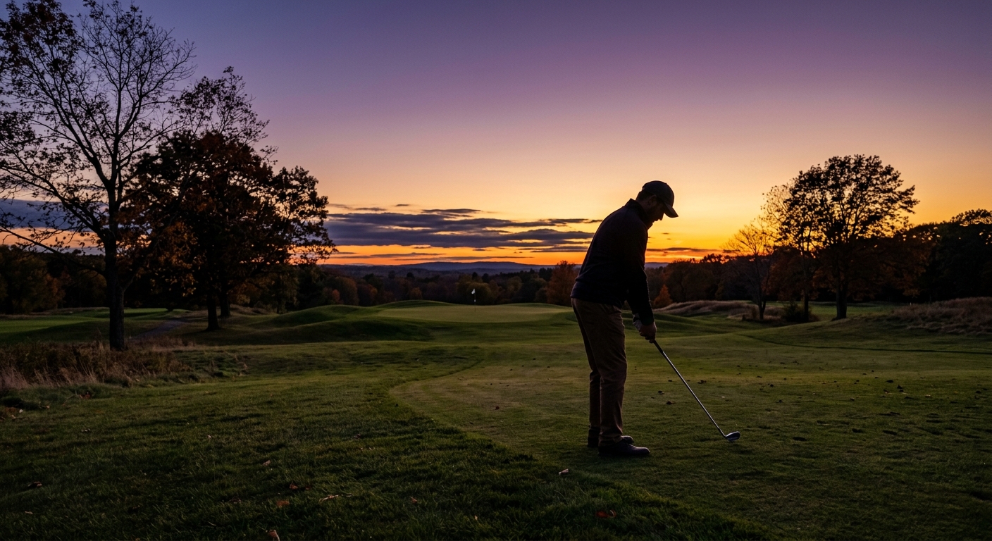 Two golfers finishing a twilight round at a Boston-area course in October, warm amber sunset light