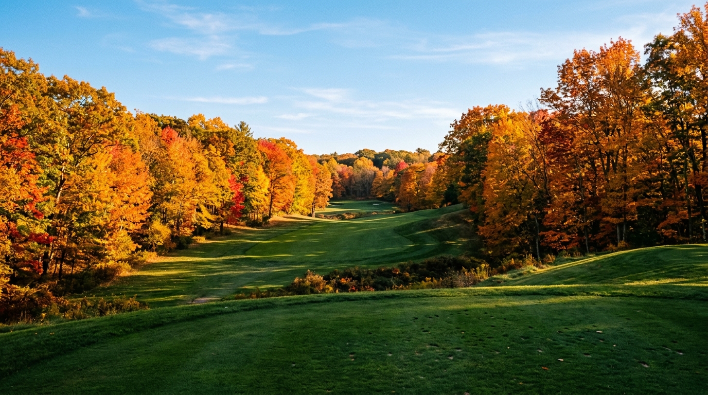 Fall golf course near Boston with sugar maples in peak October foliage lining the fairway
