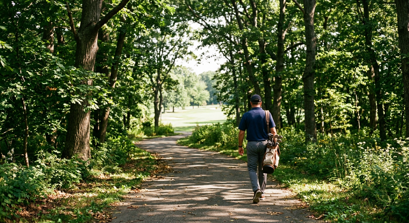 Golfer walking along a tree-lined path toward a public golf course accessible by MBTA transit in Boston