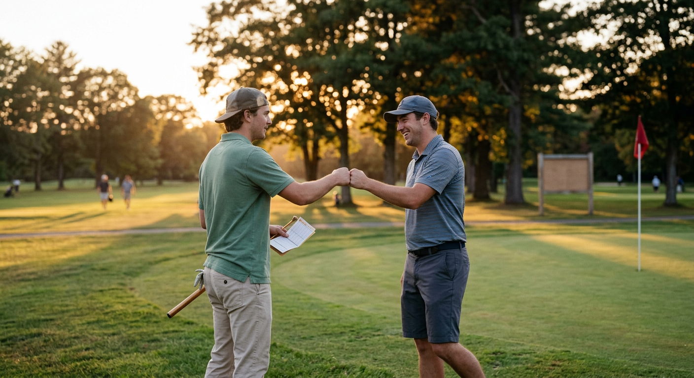 Social golf group finishing a round at a Boston-area course, beers in hand at the 19th hole