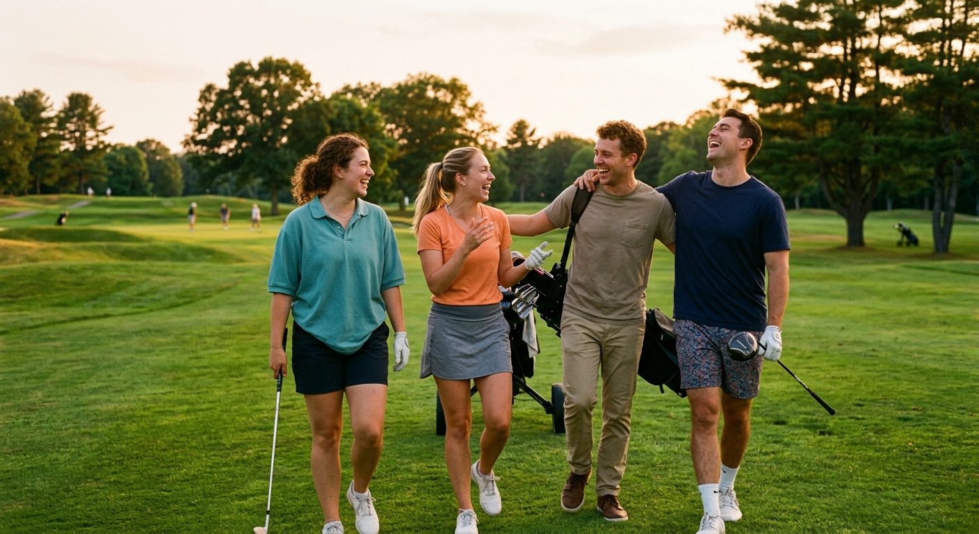 Group of golfers walking a Boston-area public course fairway on a summer evening