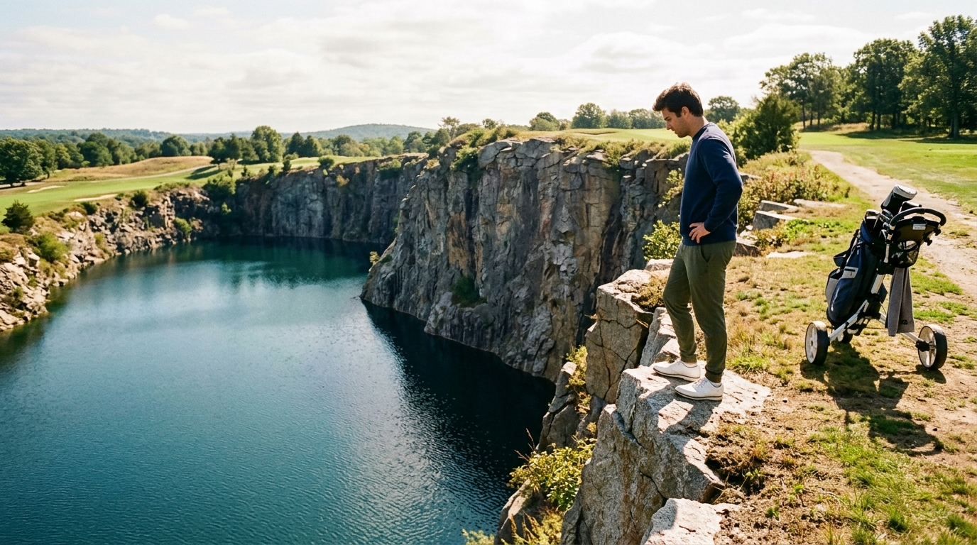 Mid-20s golfer at Granite Links standing near the quarry edge, water-filled pit visible below