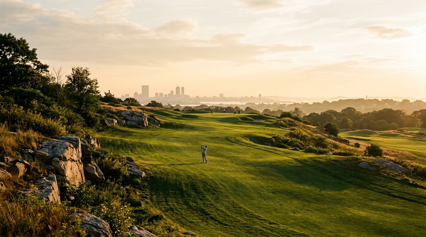 Granite Links Golf Club elevated fairway with Boston skyline visible in the distance, Quincy MA