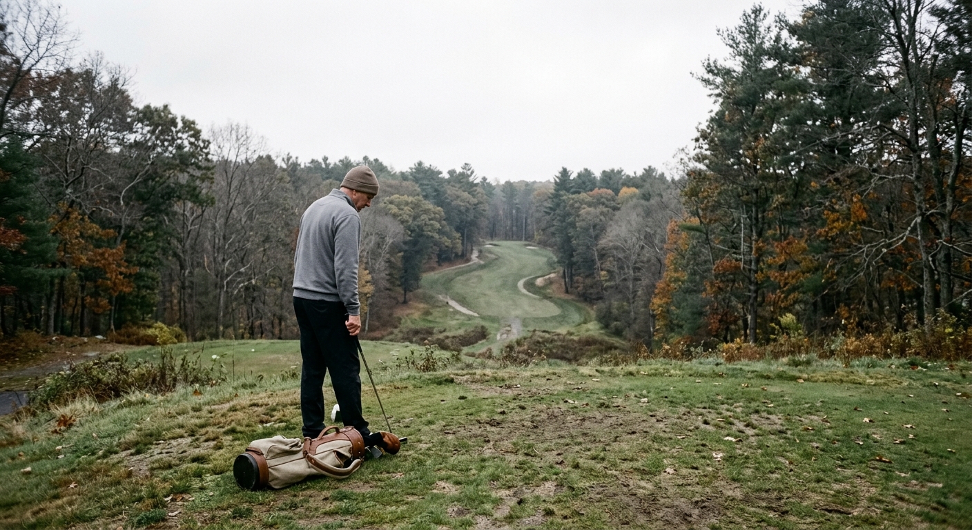 Hole 7 at Newton Commonwealth Golf Course with a view toward the Boston skyline