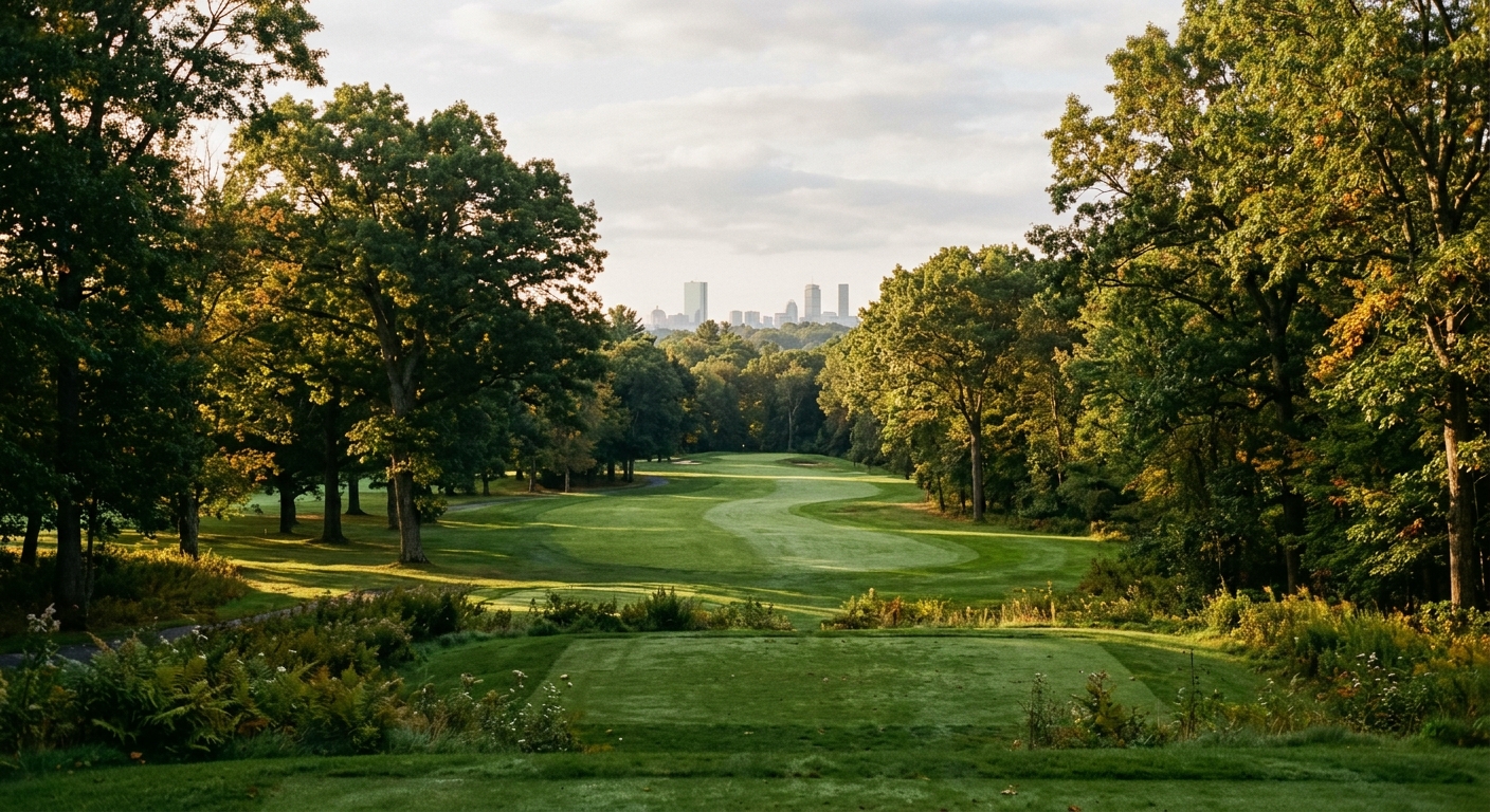 Newton Commonwealth Golf Course fairway with Boston skyline visible from hole 7