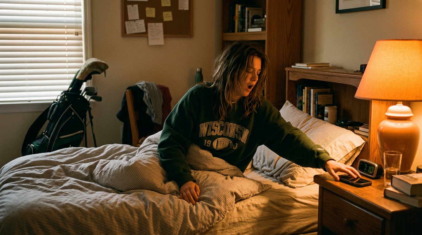 Person waking up early on a Sunday morning, reaching for their phone to book a tee time