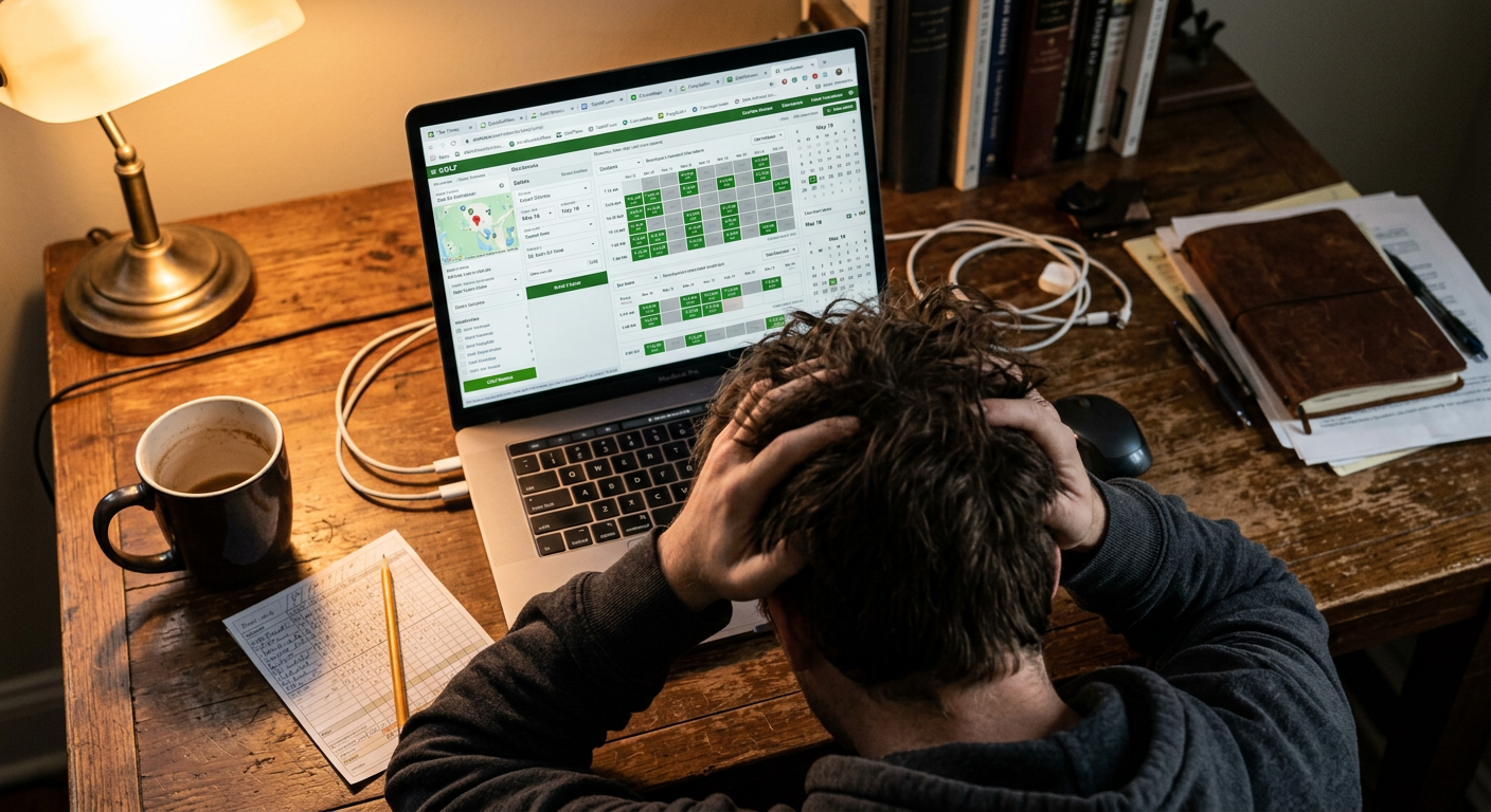 Person looking stressed at a laptop with multiple tabs open trying to find a golf tee time