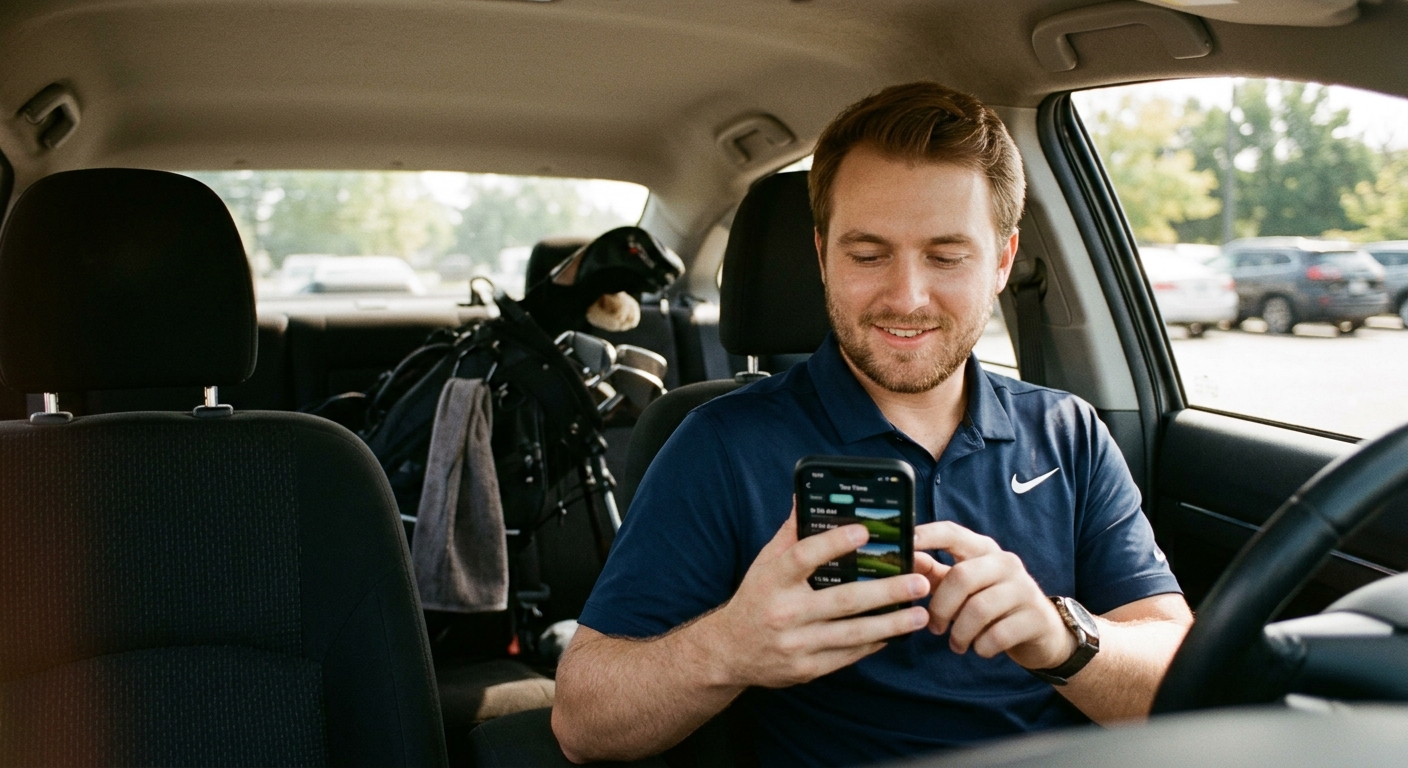 Person checking last-minute tee time availability on a phone in a golf course parking lot