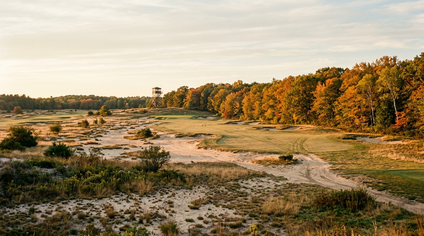 Red Tail Golf Club sandy waste area fairway with wooded treeline in the background, Devens MA