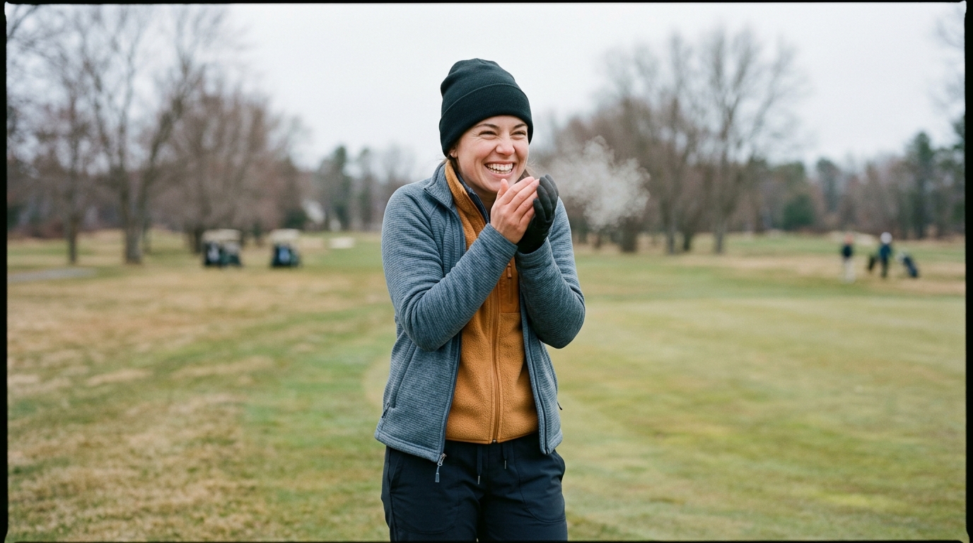 Golfer laughing on a cold early-spring course in Boston, wearing a winter hat and fleece