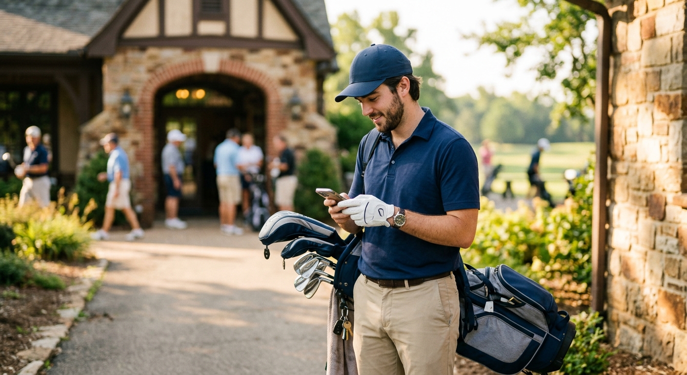 Mid-20s solo golfer at a Boston golf course checking his phone for a tee time confirmation