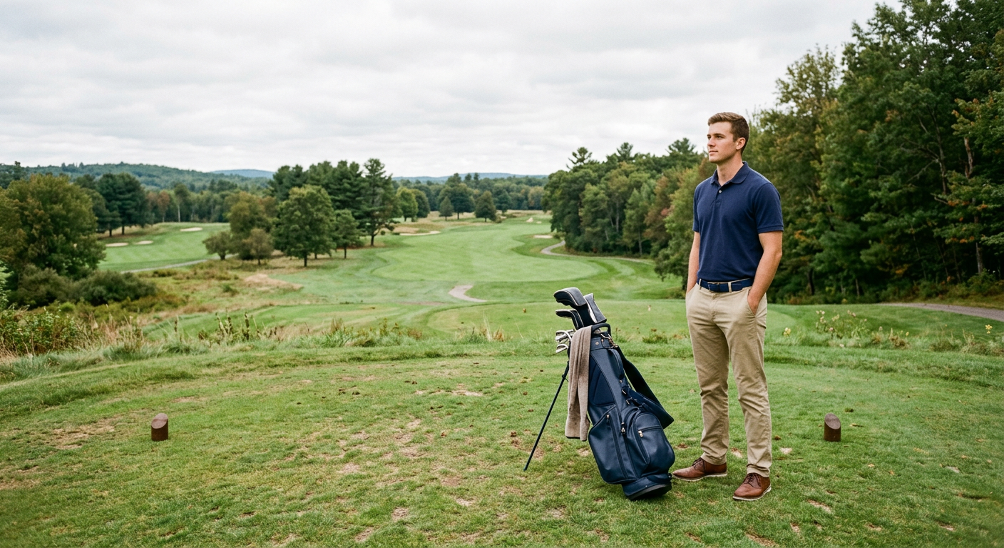 Solo golfer walking a Boston-area public course on a quiet weekday morning