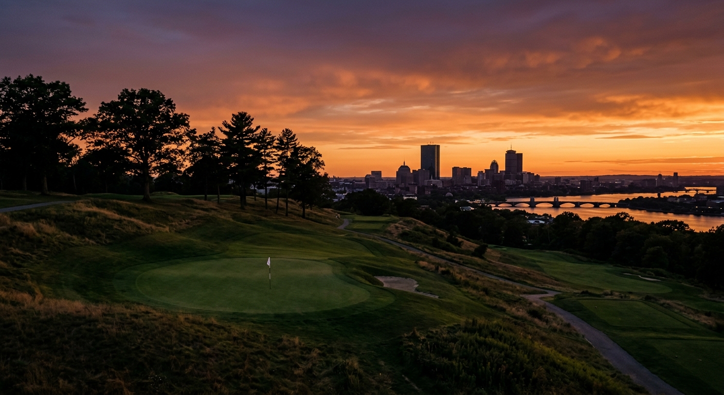 Sunset over a public golf course fairway near Boston in late summer, orange sky reflecting on the grass