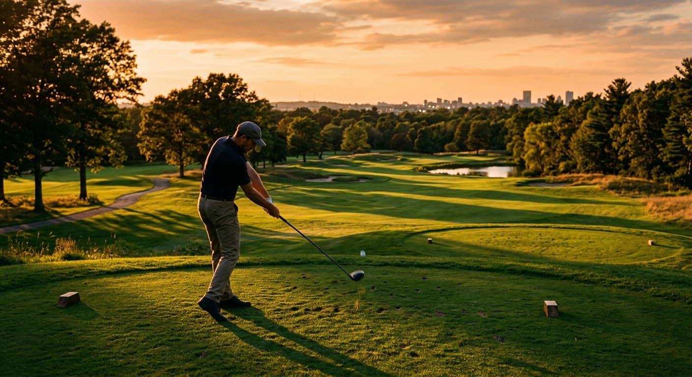 Golfer teeing off at a Greater Boston course during golden hour, long shadows stretching across the fairway